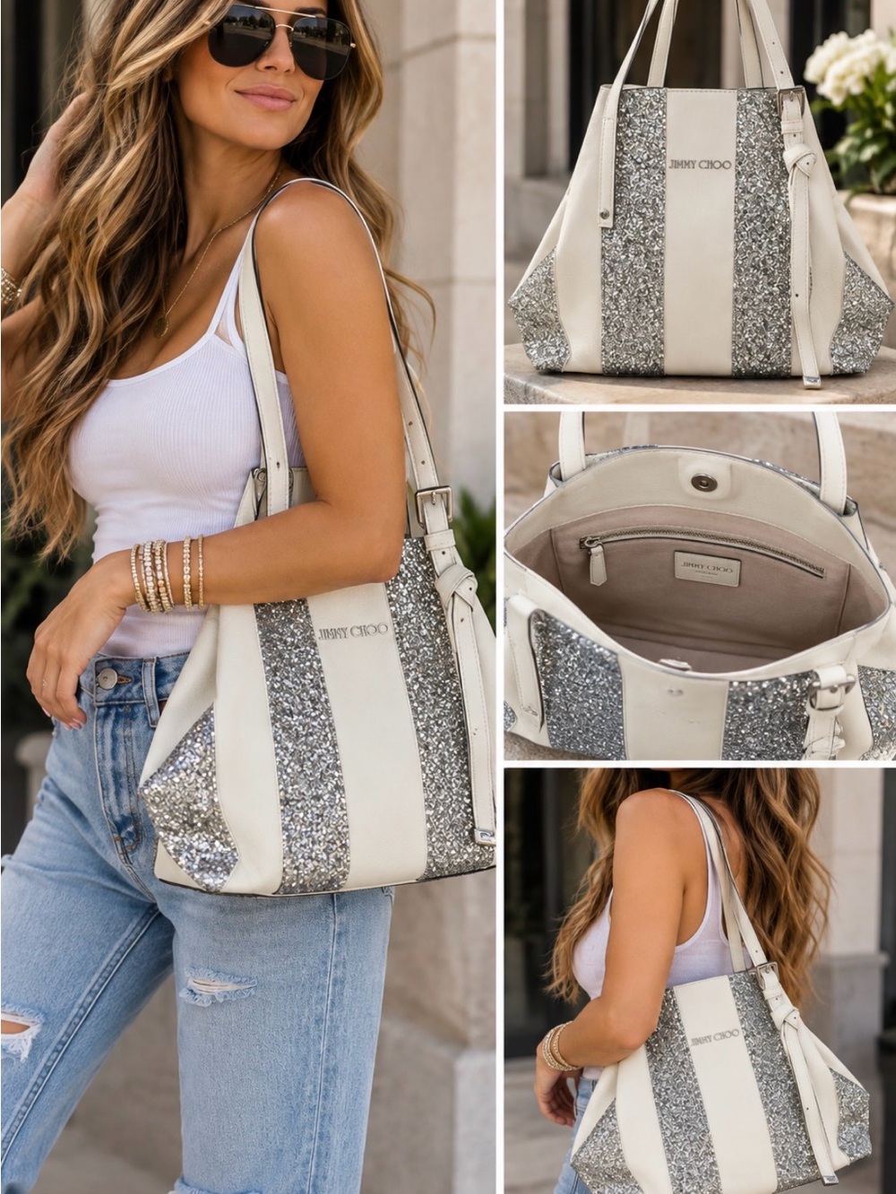 Authentic Jimmy Choo White & Silver Glitter Stripe Shoulder Bag